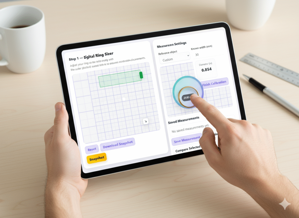 Ring Size Calculator. A user is using a digital ring size calculator on an iPad. The screen shows the tool's measurement interface and the calculated size.
