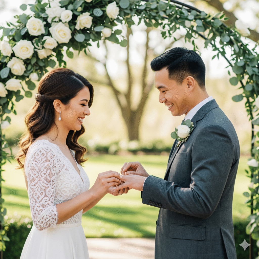 Average ring size, Image of a couple exchanging rings (engagementwedding context).