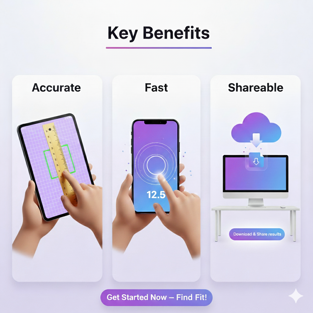 Ring Size Calculator. Infographic for an online ring size calculator. It highlights three key benefits: Accurate, showing a ruler and a grid; Fast, with a hand quickly adjusting the tool on a screen; and Shareable, with icons for saving and sharing results. A final button reads "Start Measuring."