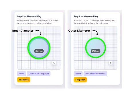 Ring Size Calculator, Split screen Showing How to place Ring on the Screen For inner and outer diameter calculation of the ring.
