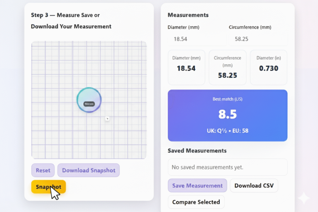 The complete interface of the ring size calculator with higjlighting the snapshot and sownloading premium button