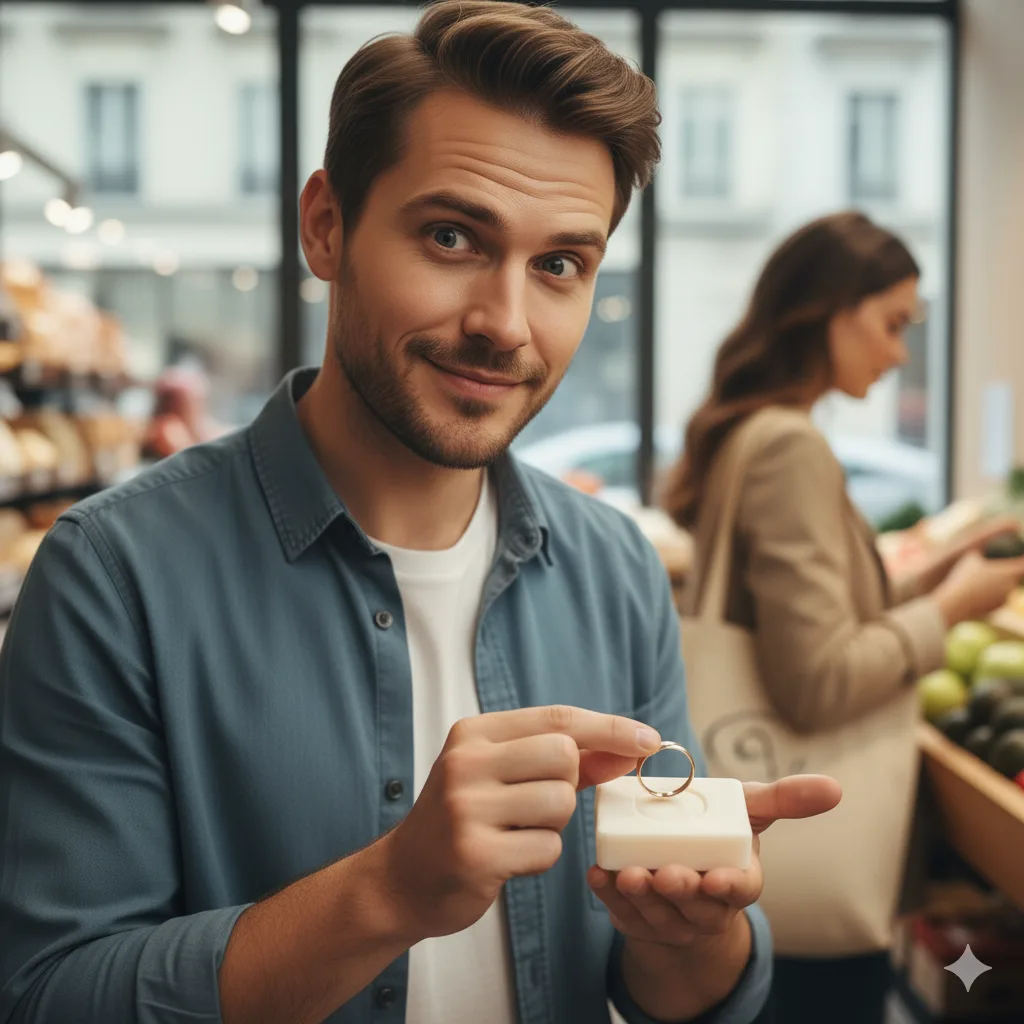 Featured image showing a man secretly calculting his wife's sing size by using the soap method.
