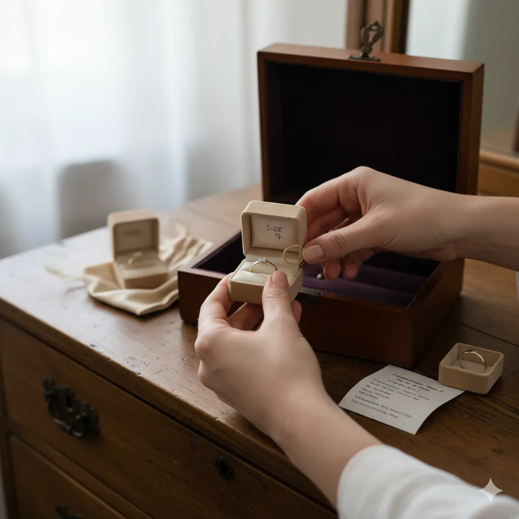 Image demonstrating how ti Use their ring box or jewellery storage clue to measure their ring size secretly